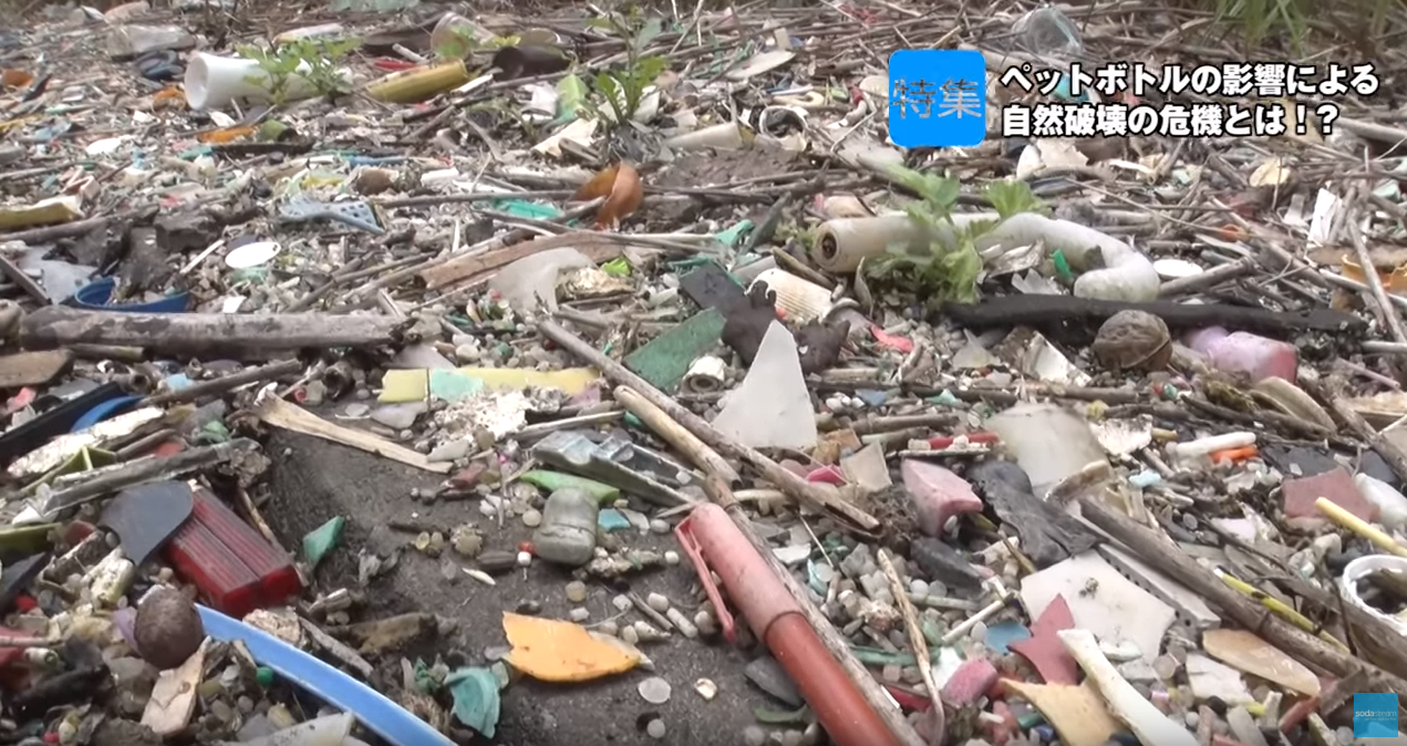 東京都江戸川区の荒川に散るプラスチックごみ。多くは粉砕されている。